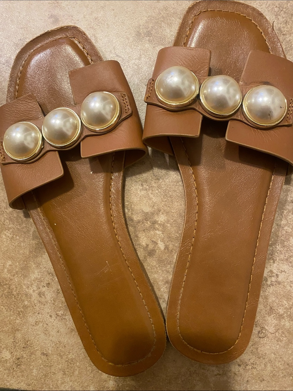 Zara Brown Slide Sandals with Pearl Accents